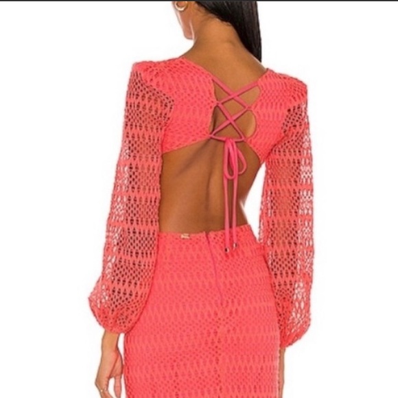 New PatBO Crochet Cut Out Neon Coral Maxi Dress NWT Size 4 - Picture 5 of 7